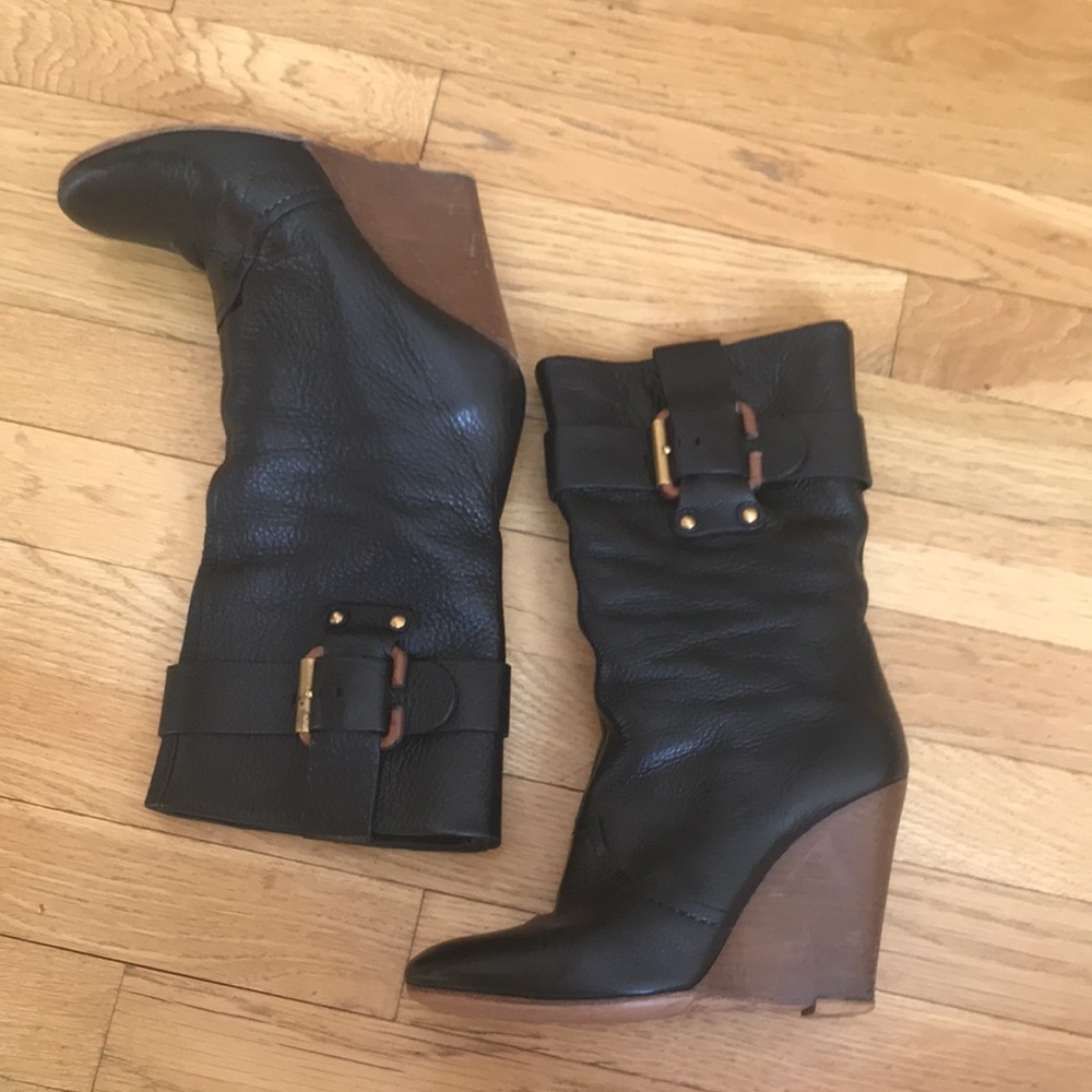 Chloe Black Leather Mid calf Boots Buckle 7.5